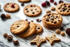 chocolate chip cookies on a marble countertop. AI-Generated photo