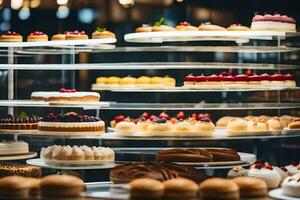 a display of cakes and pastries in a bakery. AI-Generated photo