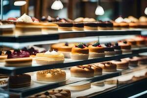 many different types of cakes are on display in a bakery. AI-Generated photo