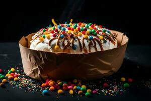 a cake with sprinkles and frosting on a black background. AI-Generated photo