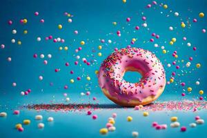 a pink donut with sprinkles on a blue background. AI-Generated photo