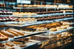 many different types of pastries are on display in a bakery. AI-Generated photo