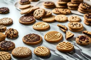 a variety of cookies and cookies on a marble counter. AI-Generated photo