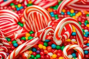 a close up of candy canes and candy. AI-Generated photo