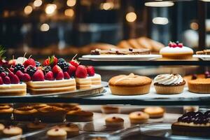 many different types of cakes and pastries are on display. AI-Generated photo