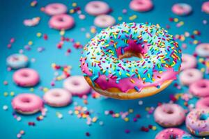 a colorful donut with sprinkles on a blue background. AI-Generated photo