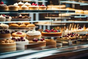 many different types of cakes are on display in a glass case. AI-Generated photo