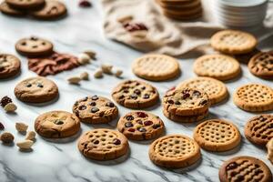a variety of cookies and other snacks on a marble counter. AI-Generated photo
