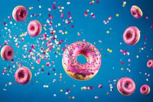 donuts flying in the air with sprinkles. AI-Generated photo