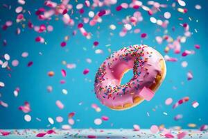 a pink doughnut with sprinkles falling from the sky. AI-Generated photo