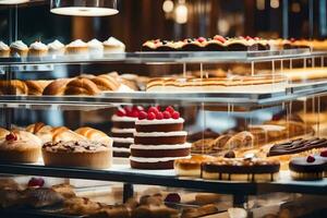 many different types of pastries are on display in a bakery. AI-Generated photo