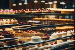 many different types of cakes are on display in a glass case. AI-Generated photo