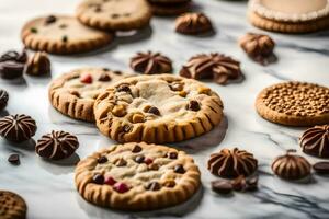 chocolate chip cookies on a marble countertop. AI-Generated photo