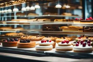 many different types of pastries are on display in a bakery. AI-Generated photo