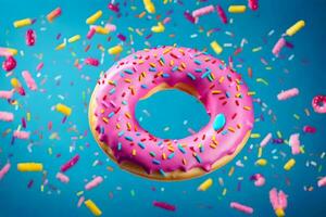 donut with sprinkles on a blue background. AI-Generated photo