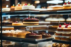 many different types of cakes are on display in a bakery. AI-Generated photo