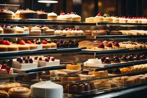 many different types of cakes are on display in a bakery. AI-Generated photo