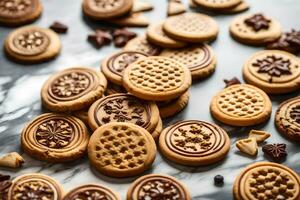 a close up of cookies on a marble surface. AI-Generated photo