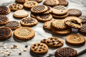 un variedad de galletas son arreglado en un mármol superficie. generado por ai foto