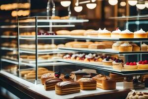 a bakery display case with many different types of pastries. AI-Generated photo