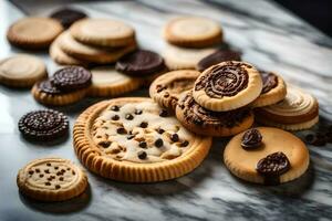 a variety of cookies and cookies on a marble counter. AI-Generated photo