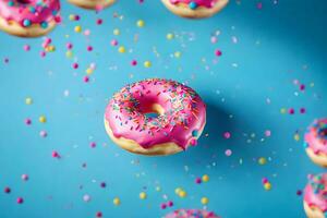 pink donuts with sprinkles on a blue background. AI-Generated photo