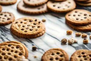 cookies and chocolate chips on a marble countertop. AI-Generated photo