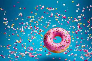 a donut with sprinkles on a blue background. AI-Generated photo