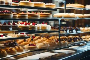 many different types of pastries are on display in a bakery. AI-Generated photo