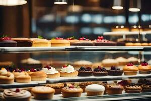 many different types of cakes are on display in a bakery. AI-Generated photo