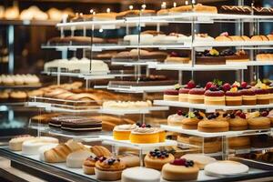 a display case filled with various types of pastries. AI-Generated photo