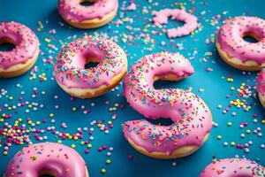 pink donuts with sprinkles on a blue background. AI-Generated photo