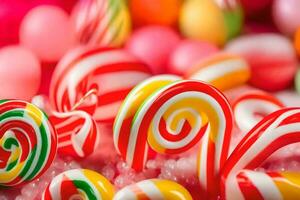 many colorful candy lollipops are scattered on a table. AI-Generated photo