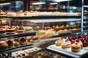 many different types of pastries are on display in a glass case. AI-Generated photo