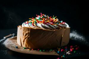 a cake with sprinkles and frosting on a black background. AI-Generated photo