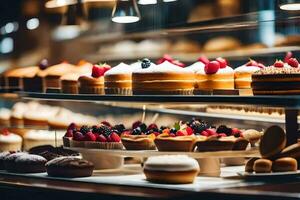 many different types of cakes are on display in a bakery. AI-Generated photo