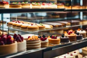 many different types of cakes are on display in a bakery. AI-Generated photo