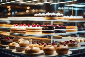 many different types of cakes are on display in a bakery. AI-Generated photo