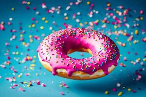 a donut with pink icing and sprinkles on a blue background. AI-Generated photo