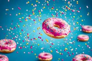 pink donuts with sprinkles on a blue background. AI-Generated photo