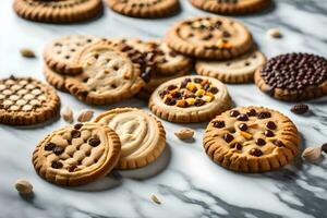 a variety of cookies on a marble counter. AI-Generated photo