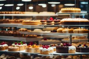 many different types of cakes are on display in a bakery. AI-Generated photo