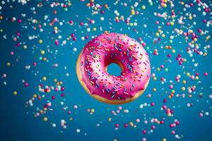 a donut with sprinkles on a blue background. AI-Generated photo