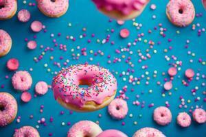 pink donuts on a blue background. AI-Generated photo