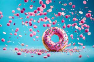 donut with sprinkles on blue background. AI-Generated photo