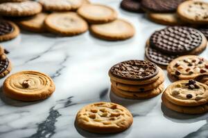 a pile of cookies on a marble counter. AI-Generated photo