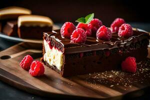a piece of chocolate cake with raspberries on top. AI-Generated photo