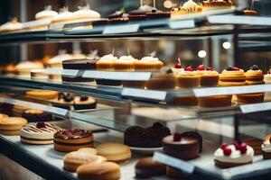 many different types of cakes are on display in a bakery. AI-Generated photo