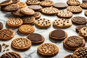 a variety of cookies are arranged on a marble surface. AI-Generated photo