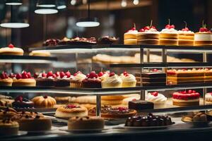 many different types of cakes are displayed on shelves. AI-Generated photo